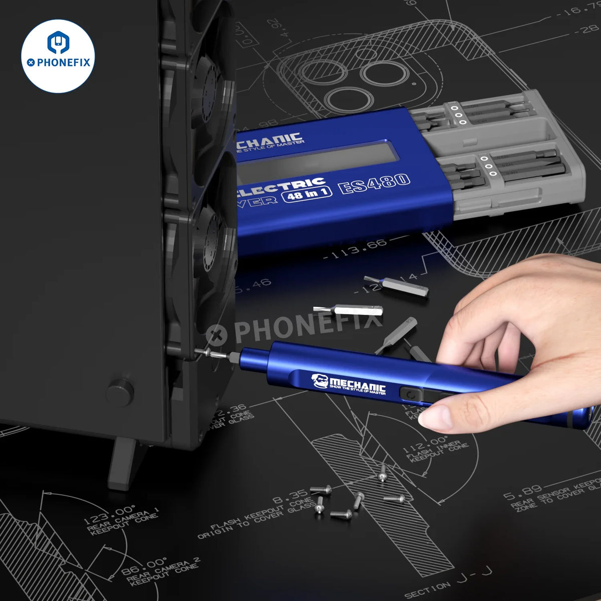 PhoneFix MECHANIC ES480 48-in-1 electric screwdriver set with various screwdriver bits for phone disassembly and repair.
