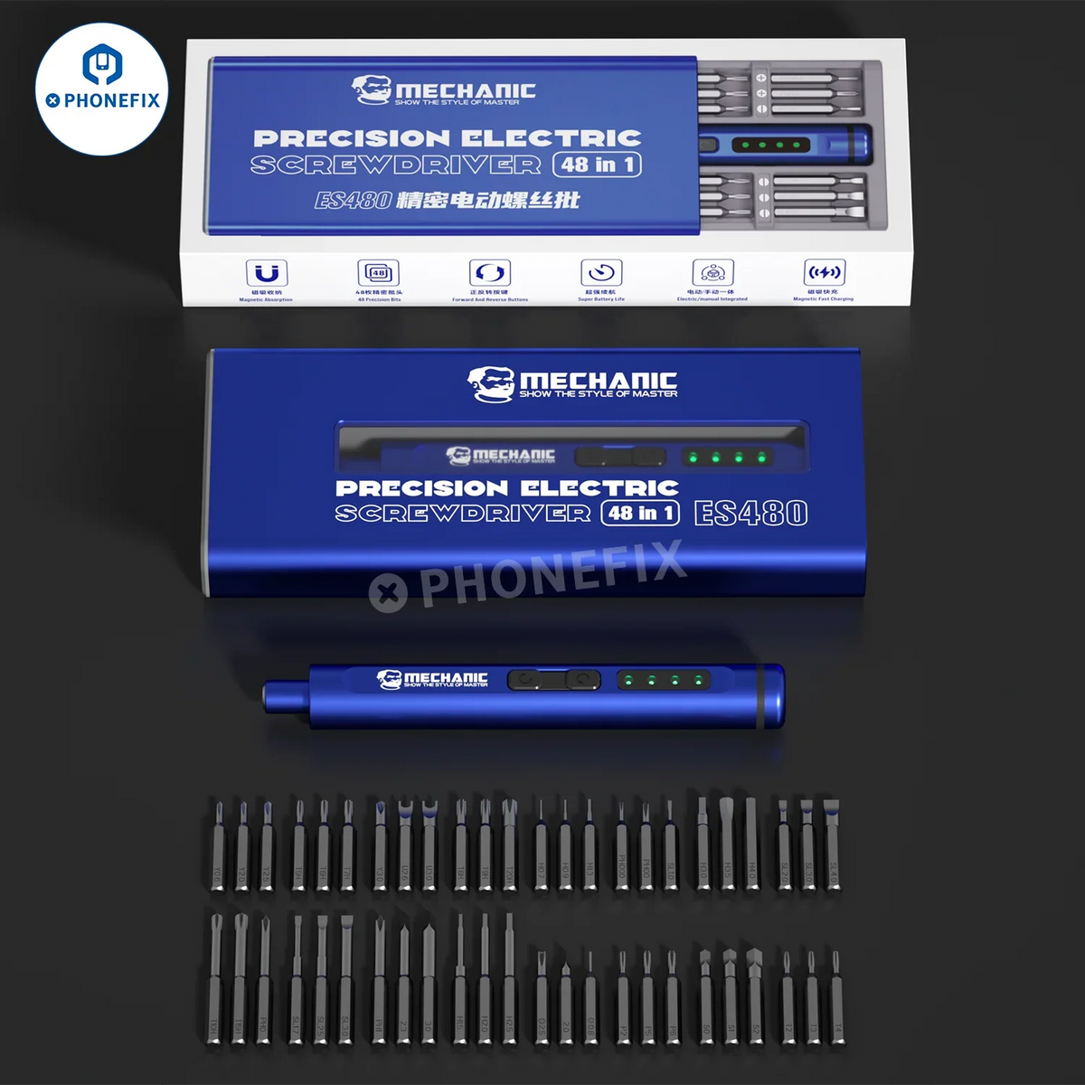 PHONEFIX MECHANIC ES480 48-in-1 electric screwdriver set with various screwdriver bits for phone disassembly and electronic repairs.