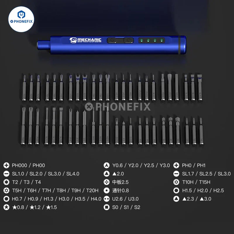PhoneFix MECHANIC ES480 48-in-1 electric screwdriver set with various screwdriver tools for phone disassembly and repair.