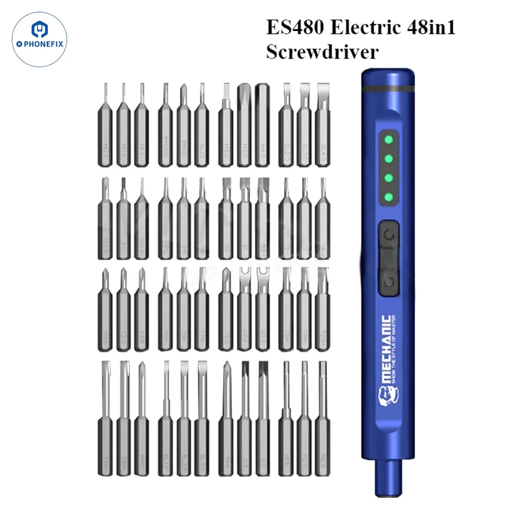 PhoneFix MECHANIC ES480 48-in-1 electric screwdriver set with various screwdriver bits for phone disassembly and repair.