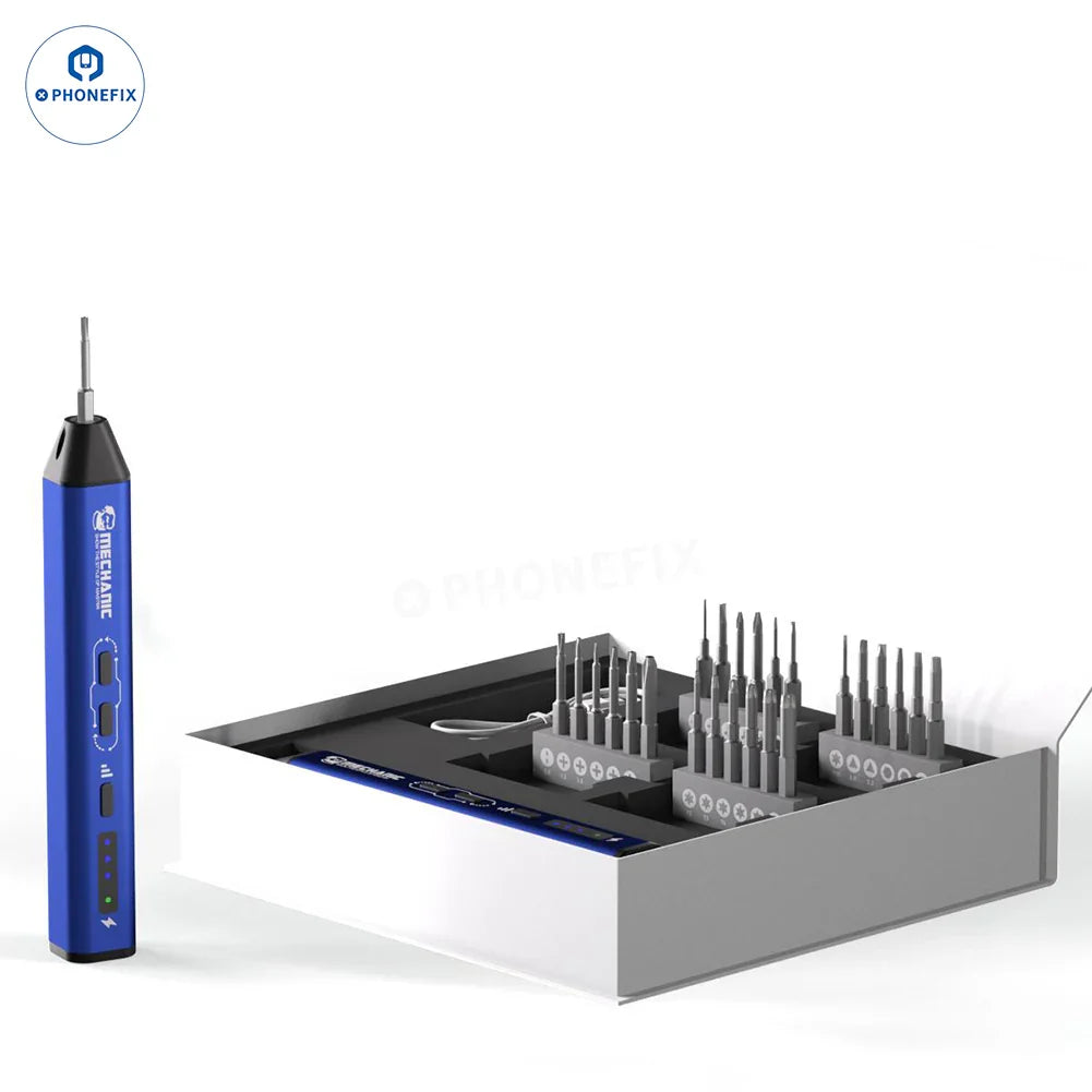 PhoneFix MECHANIC ES480 48-in-1 electric screwdriver set with various screwdriver tools for phone disassembly.