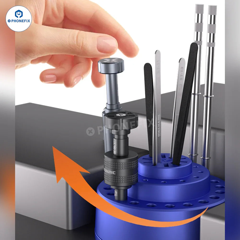 Plastic storage box with 360° rotating base designed for screwdriver tools, by PHONEFIX, ideal for mechanic tool organization.