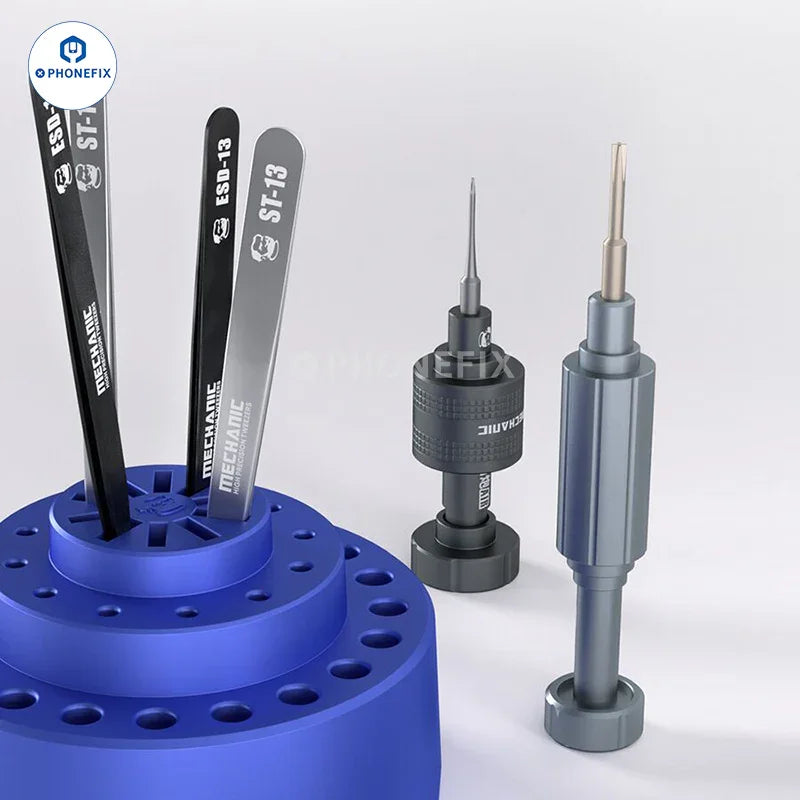 PHONEFIX Mechanic R38 multifunctional screwdriver tool with 360° rotating plastic storage box base for organized tool storage.