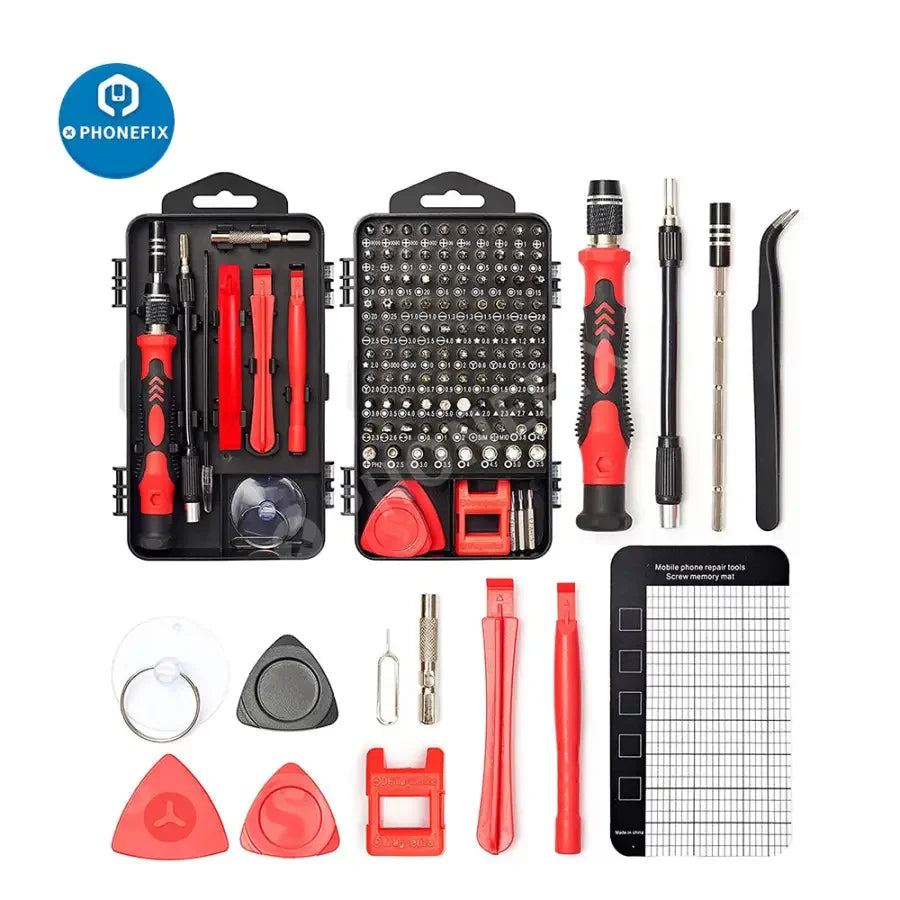PhoneFix 122-in-1 precision magnetic screwdriver set with various screwdriver tools for phone repair and electronics maintenance.