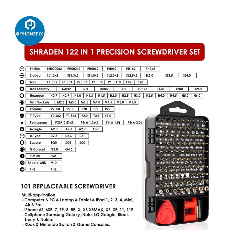 Red 122-in-1 PHONEFIX magnetic screwdriver set with precision screwdrivers for phone repair tools and electronics repair.