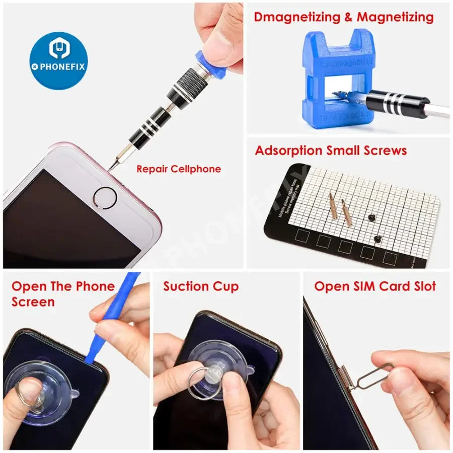 Red 122-in-1 PHONEFIX precision magnetic screwdriver set with multiple bits for phone repair and electronics work.