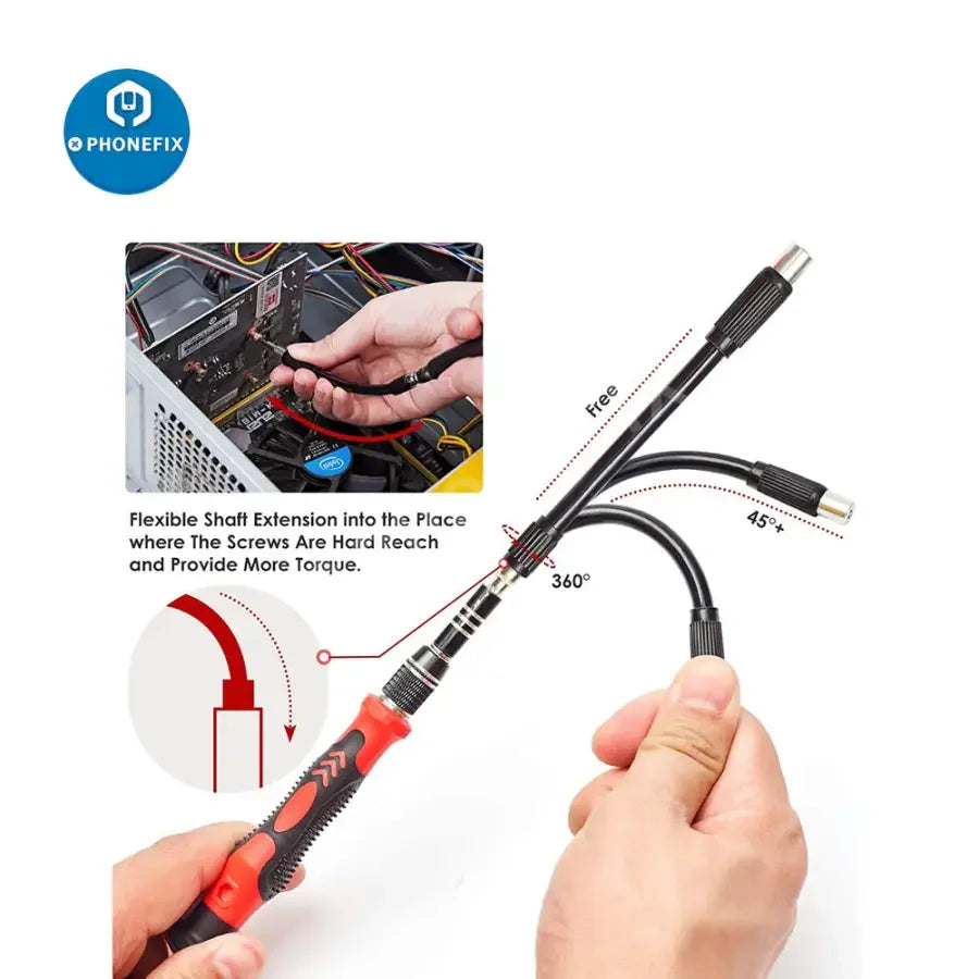Red 122-in-1 PHONEFIX precision magnetic screwdriver set with various screwdriver bits for phone repair tools.