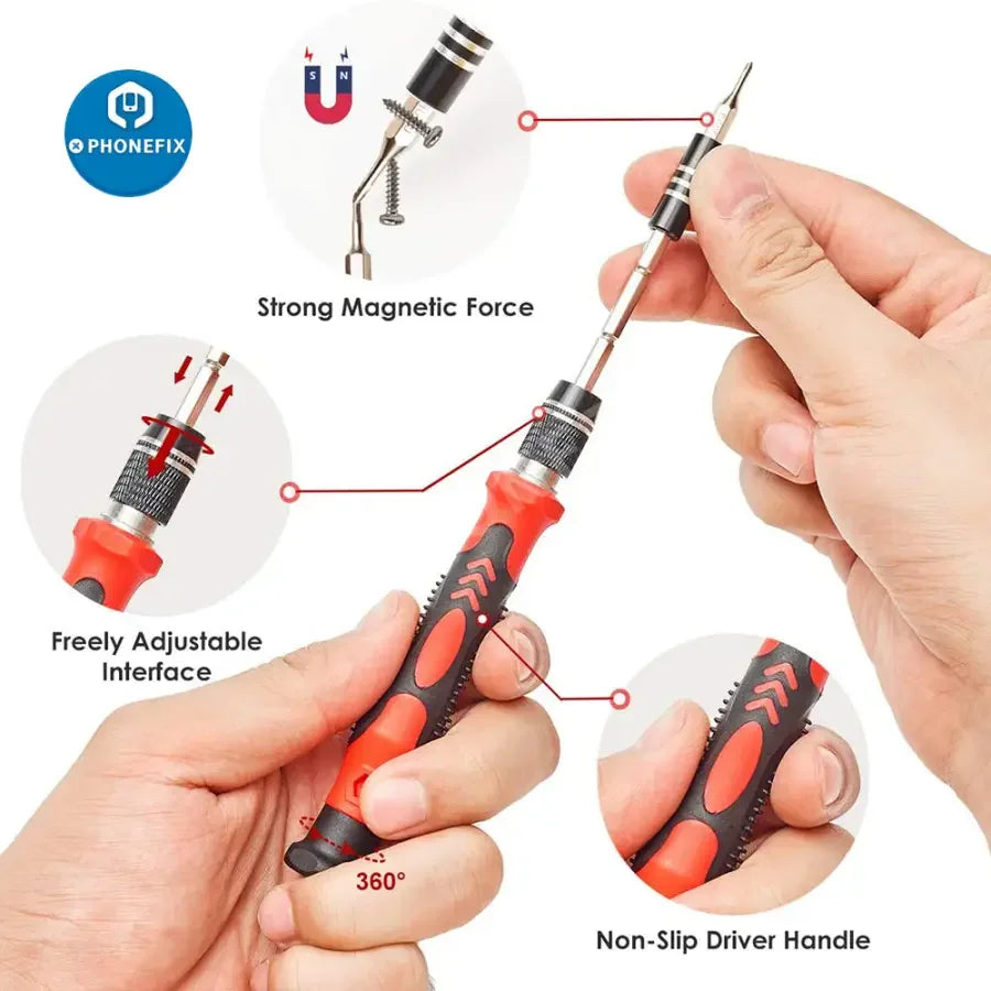Red 122-in-1 PHONEFIX magnetic screwdriver set with precision bits for phone repair and electronics, arranged in a compact case.