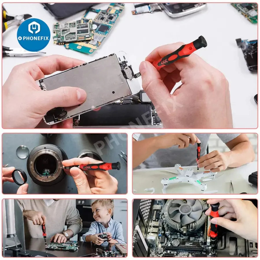 Red 122-in-1 PHONEFIX magnetic screwdriver set with precision tips, ideal for phone repair and electronic device maintenance.
