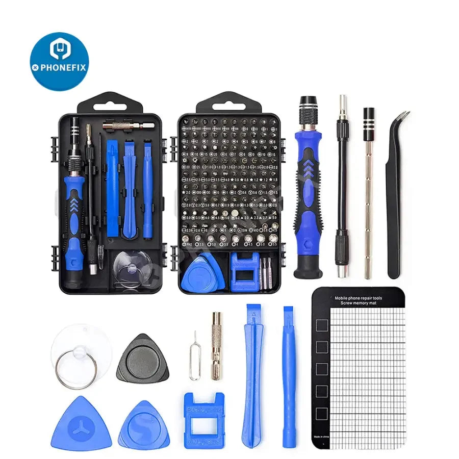 Red PHONEFIX 122-in-1 magnetic screwdriver set with precision tools for phone repair, featuring multiple interchangeable bits and ergonomic handles.