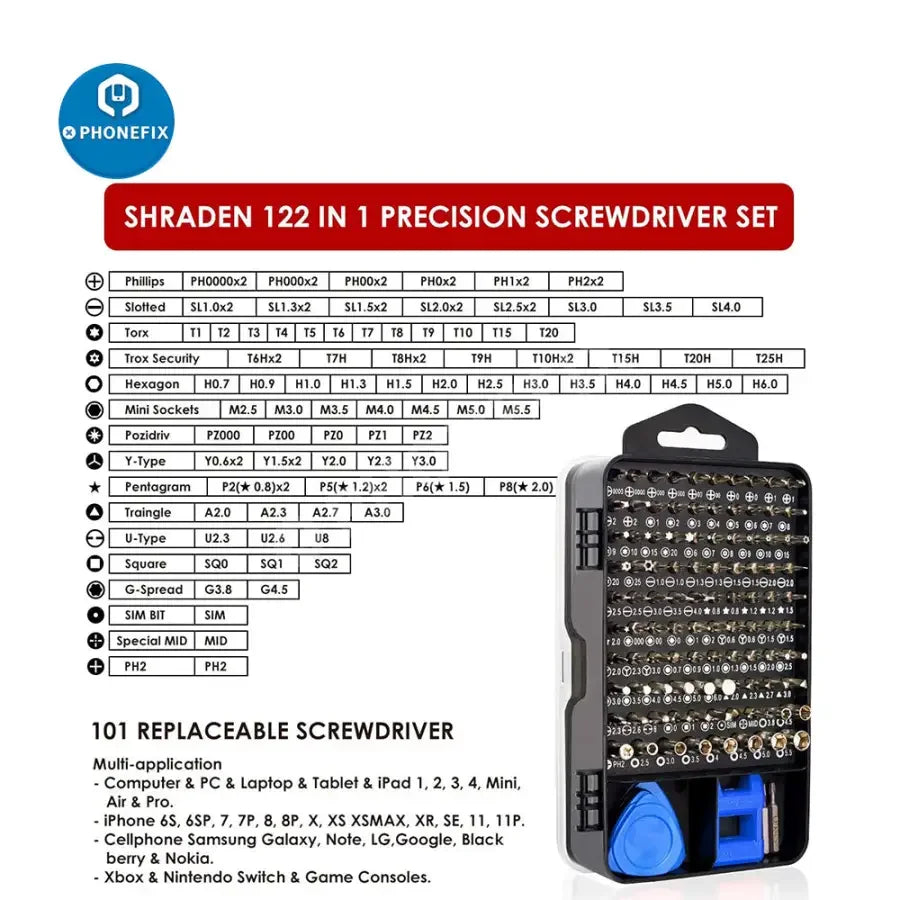 Red 122-in-1 PHONEFIX magnetic screwdriver set with precision tips for phone repair and electronic device maintenance.