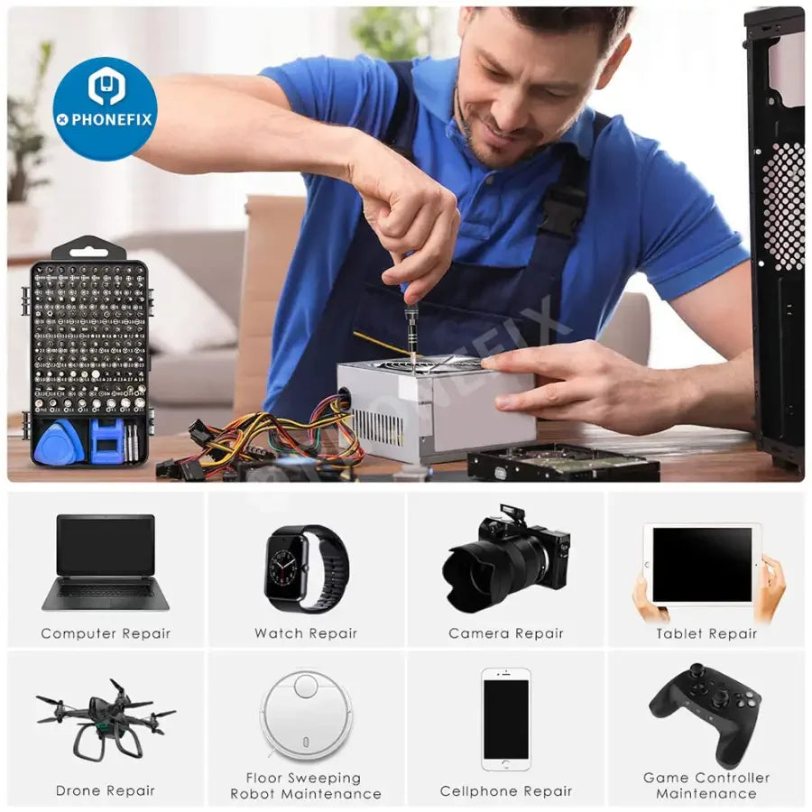Red 122-in-1 PhoneFix precision magnetic screwdriver set with multiple screwdriver bits for phone and electronics repair.