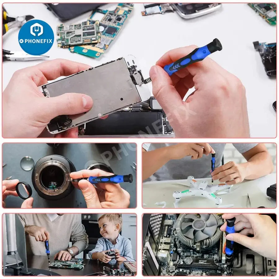 Red PHONEFIX 122-in-1 precision magnetic screwdriver set with various interchangeable bits for phone and electronics repair.