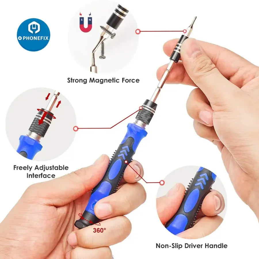 Red 122-in-1 PHONEFIX magnetic screwdriver set with precision bits for phone and electronics repair, arranged on a white background.