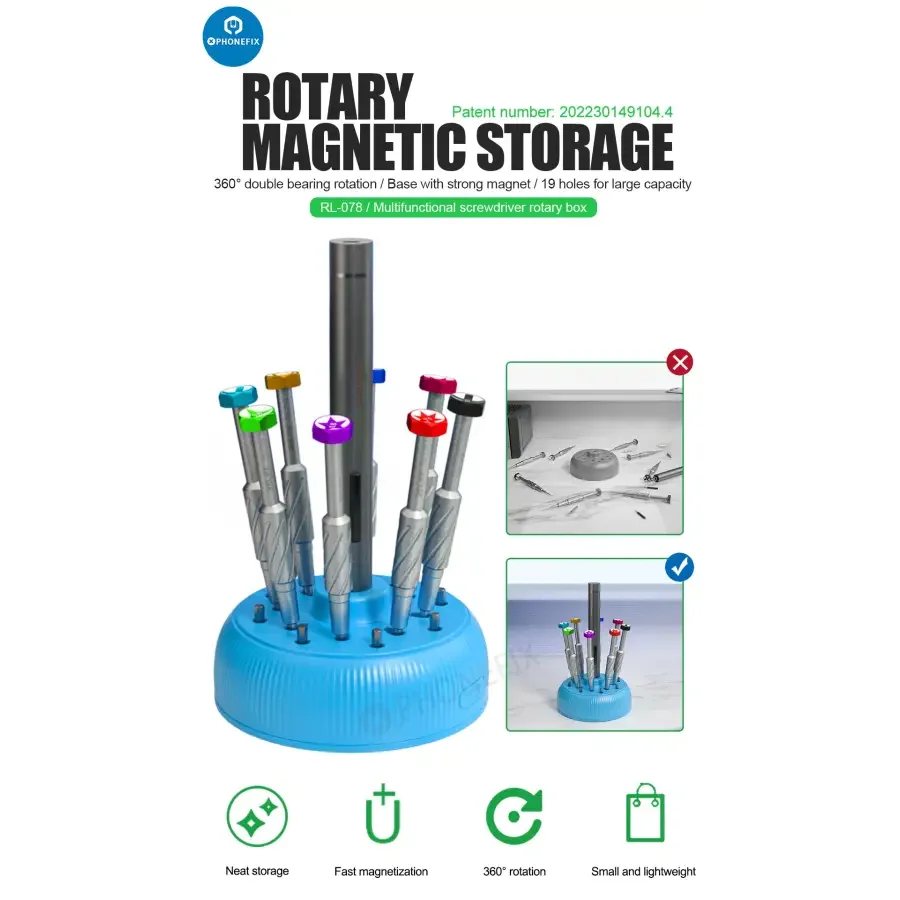 Boîte de rangement magnétique pour tournevis Relife RL-078 avec base rotative, conçue pour organiser les outils de tournevis par PHONEFIX.