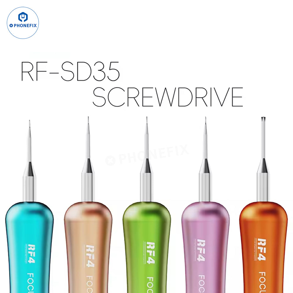 PhoneFix RF4 RF-SD17 RF-SD35 RF-SD60 precision screwdriver set with multiple small screwdrivers for phone repair tasks.