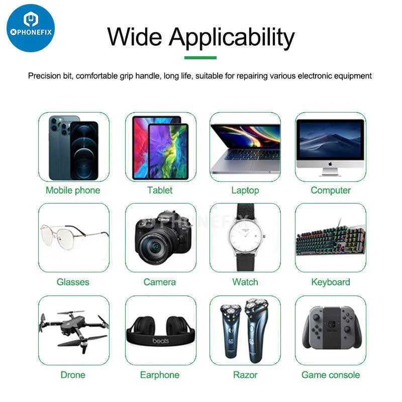 PhoneFix RL-724 high precision torque screwdriver set for phone disassembly, includes five screwdriver tools for delicate electronics.