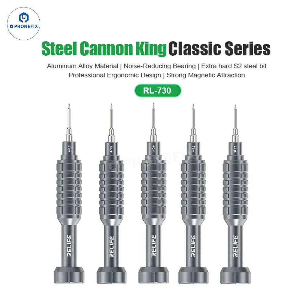 PhoneFix RL-724 high precision torque screwdriver set for phone disassembly, includes five screwdriver tools for delicate electronic repair.