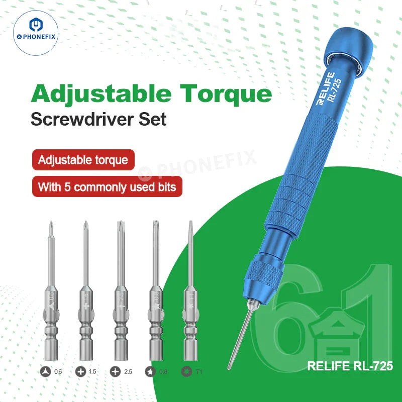 PhoneFix RL-724 high-precision torque screwdriver set for phone disassembly, includes five screwdriver tools for detailed repair work.