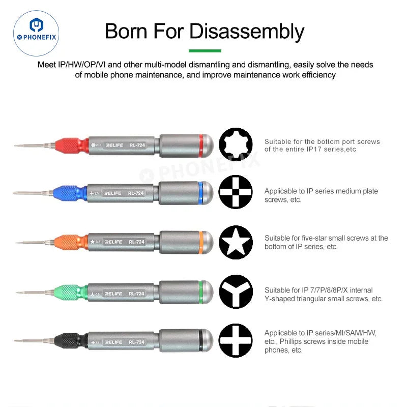 PhoneFix RL-724 high precision torque screwdriver set for phone disassembly, includes five screwdriver tools for precise repairs.