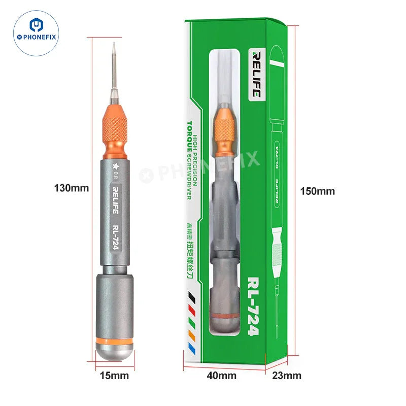 PhoneFix RL-724 high-precision torque screwdriver set with five screwdriver tools for phone disassembly and repair.