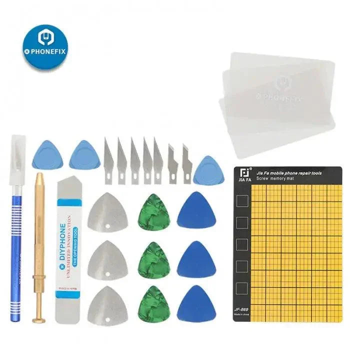 PHONEFIX 20-in-1 LCD screen opening tool kit with screwdrivers and silicone mat for DIY phone repair.