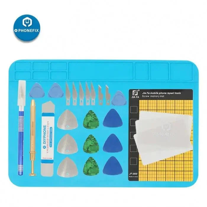PHONEFIX 20-in-1 LCD screen opening tool kit with screwdrivers and pry tools for DIY phone repairs, shown on silicone mat.