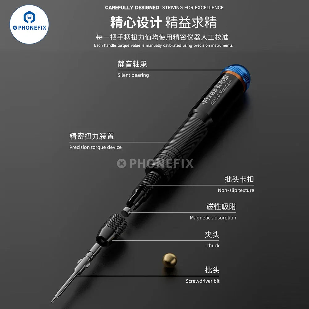 iFixes iN33 3D Precision Torque Screwdriver from PHONEFIX for phone disassembly, showing the screwdriver with interchangeable bits.