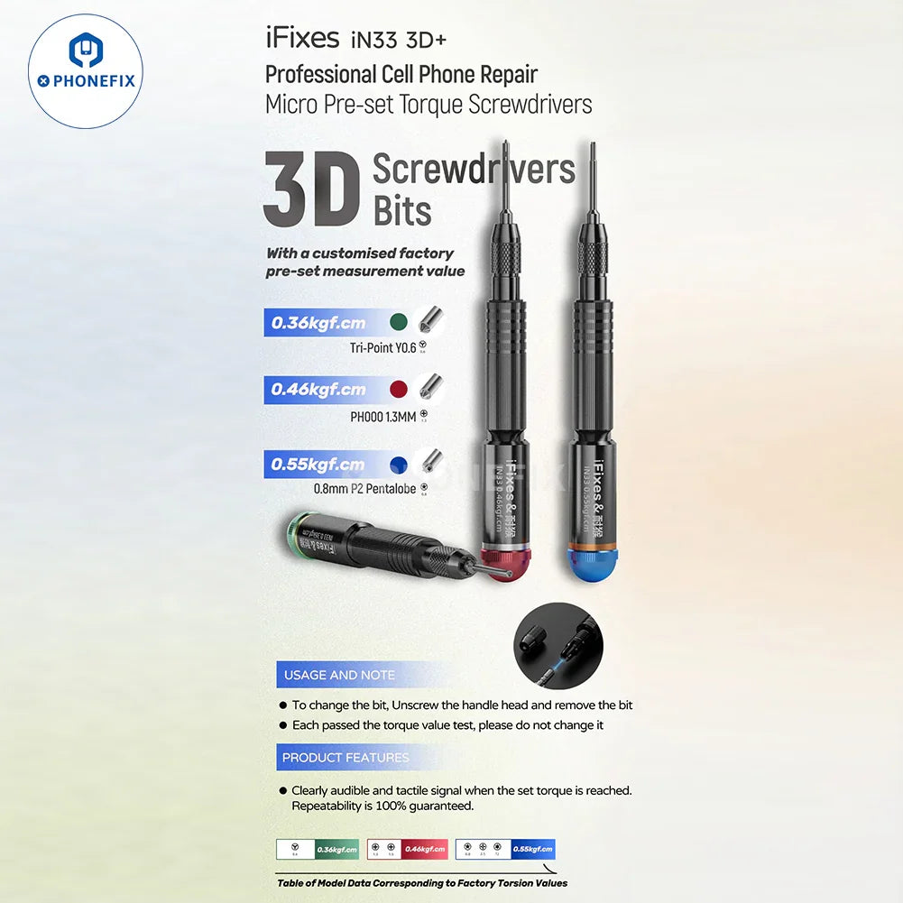 iFixes iN33 3D precision torque screwdriver for phone disassembly, showing the sleek tool with ergonomic handle and interchangeable bits.