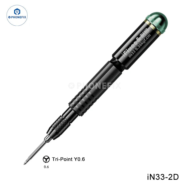 PHONEFIX iFixes iN33 3D precision torque screwdriver for phone disassembly, with a sleek metal handle and precision tips.