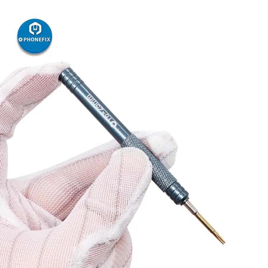PhoneFix precision screwdriver for iPhone repair, T2 Torx screwdriver tool in a repair toolkit for mobile phone maintenance.