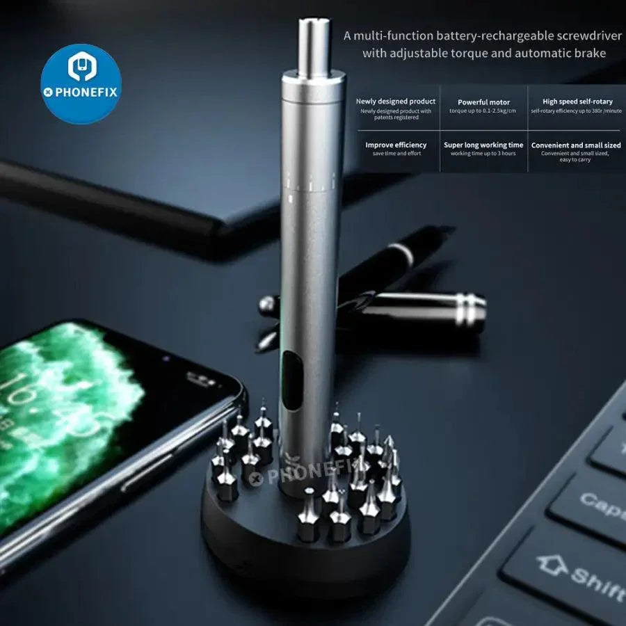 Adjustable position electric screwdriver by PHONEFIX, ideal for phone repair and dismantling, with precision tool features.