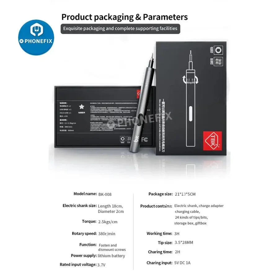 Adjustable position electric screwdriver by PHONEFIX for precise phone repair and dismantling, featuring ergonomic design and multiple bits.
