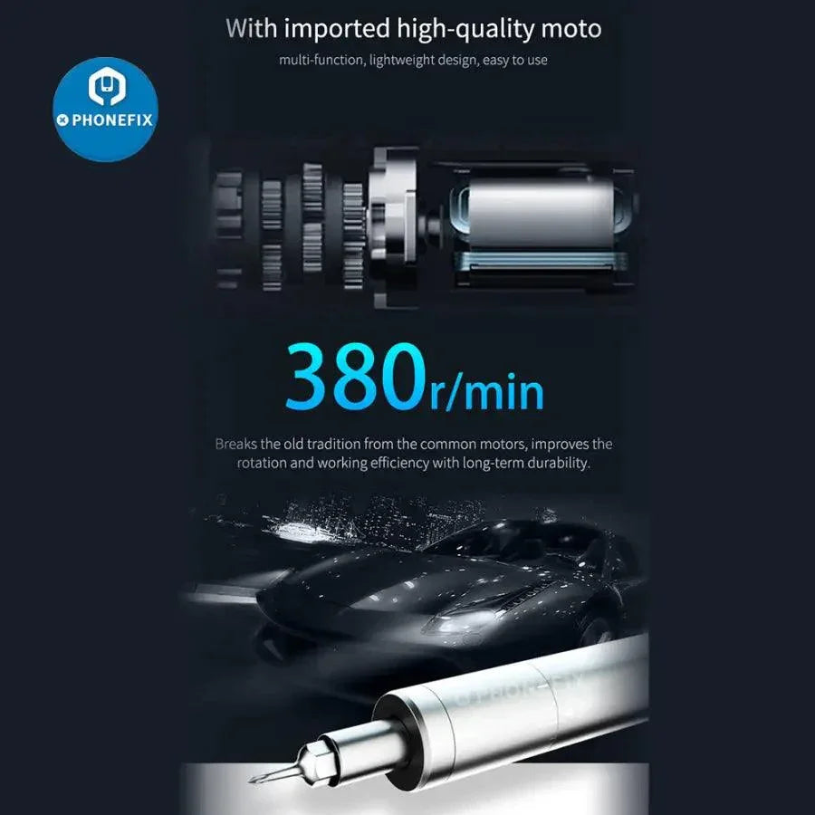 Adjustable position electric screwdriver by PHONEFIX, ideal for phone repair, featuring precision control and ergonomic design.