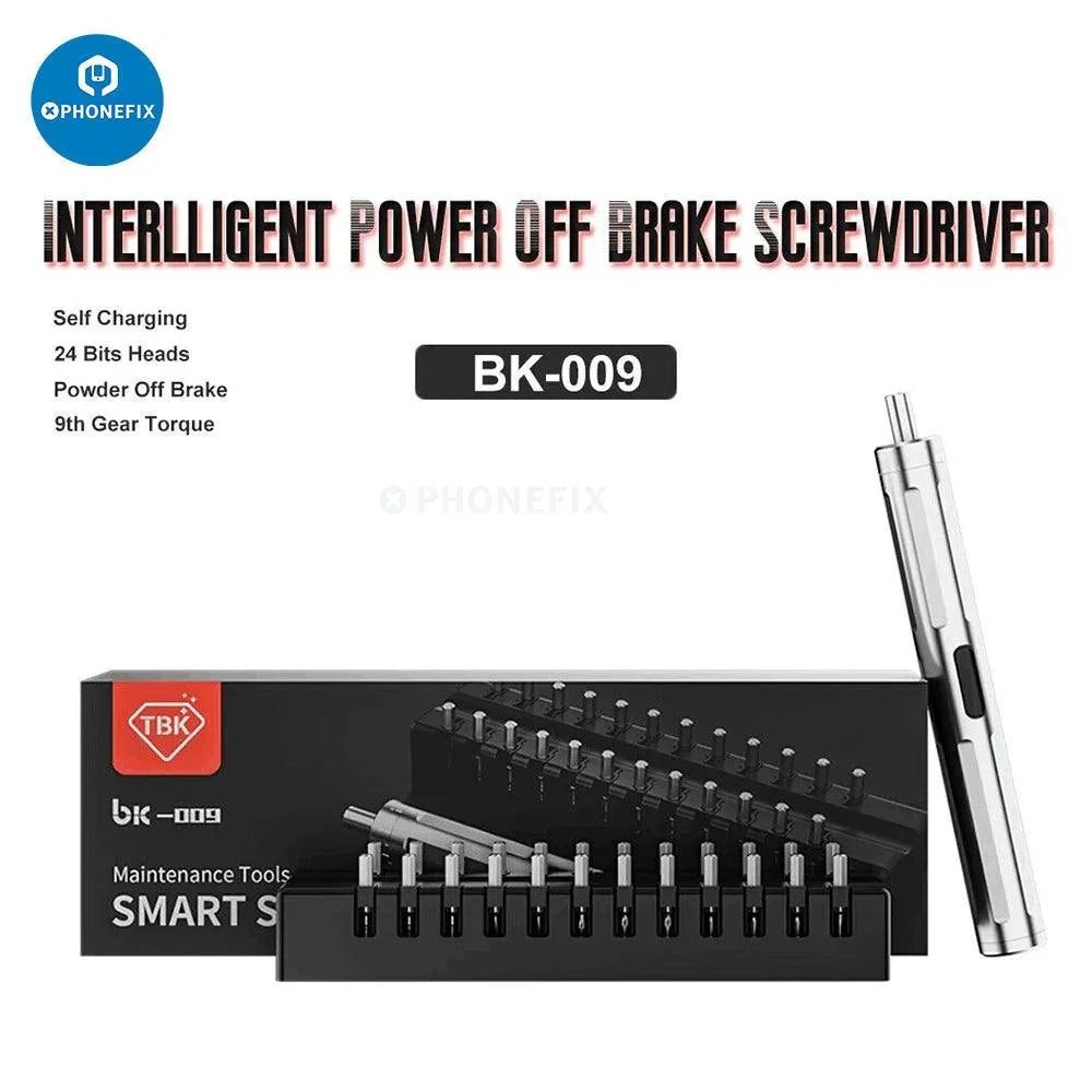 PhoneFix adjustable position electric screwdriver TBK-BK008 with ergonomic handle and precision bits, shown in use.