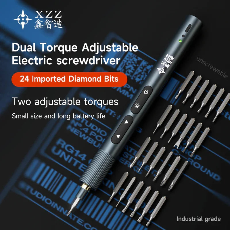 Destornillador eléctrico mini Wowstick 1F+ de PHONEFIX con puntas de precisión y mango ergonómico para reparaciones electrónicas detalladas.