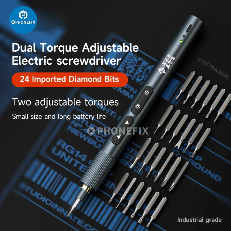 PHONEFIX XZZ ES24 electric screwdriver with 24 bits, dual torque adjustment, compact screwdriver tool for versatile use.
