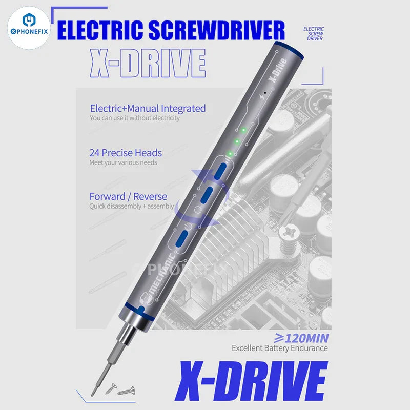 PHONEFIX XZZ ES24 electric screwdriver with 24 bits and adjustable dual torque, showing the screwdriver tool with bits attached.