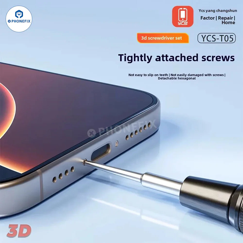 PhoneFix YCS-T05 Y-101 3D screwdriver set with magnetic bits, disassembly tool, 5-in-1 screwdriver tools for electronics repair.