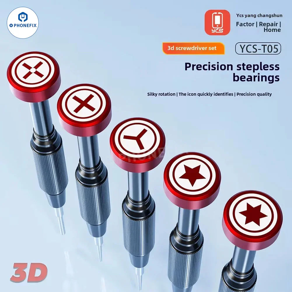 PHONEFIX YCS-T05 Y-101 3D screwdriver set with five magnetic bits, disassembly tool for electronics and small repairs.