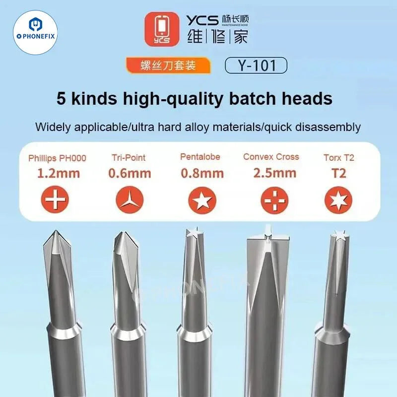 YCS-T05 Y-101 5-in-1 magnetic screwdriver set with 3D disassembly tools and bits, designed for phone repair and electronics.