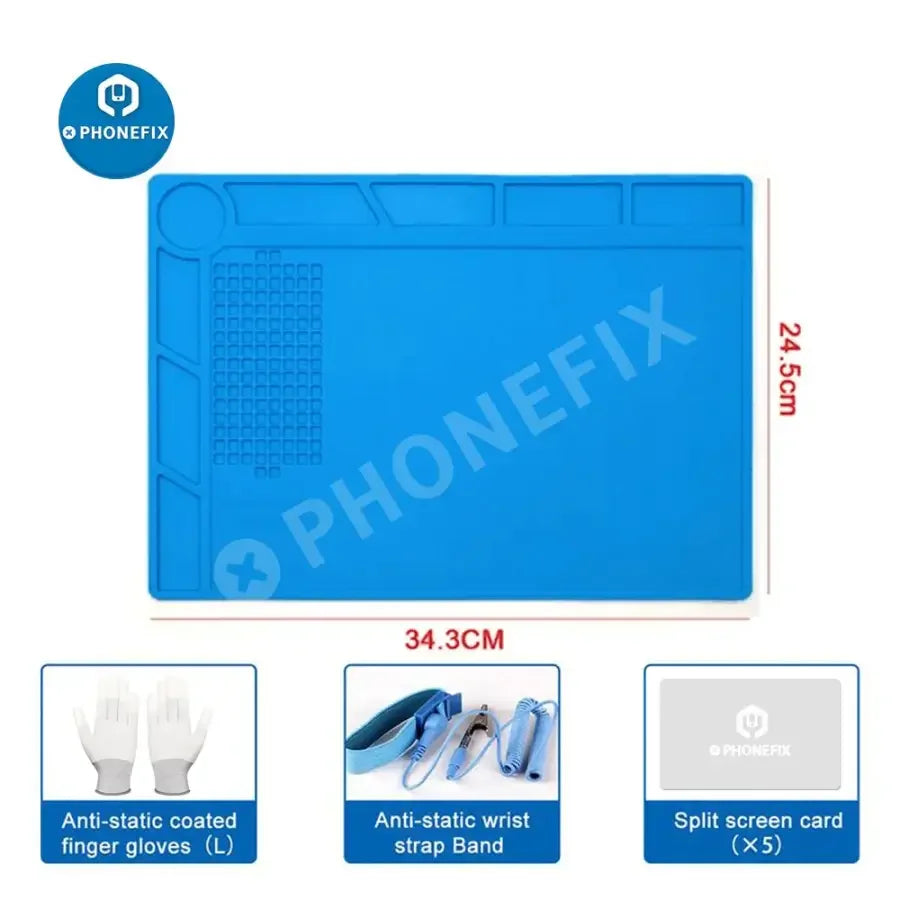 PHONEFIX silicone soldering mat with static control wrist strap, BGA welding pad, and heat-resistant surface for electronics repair.