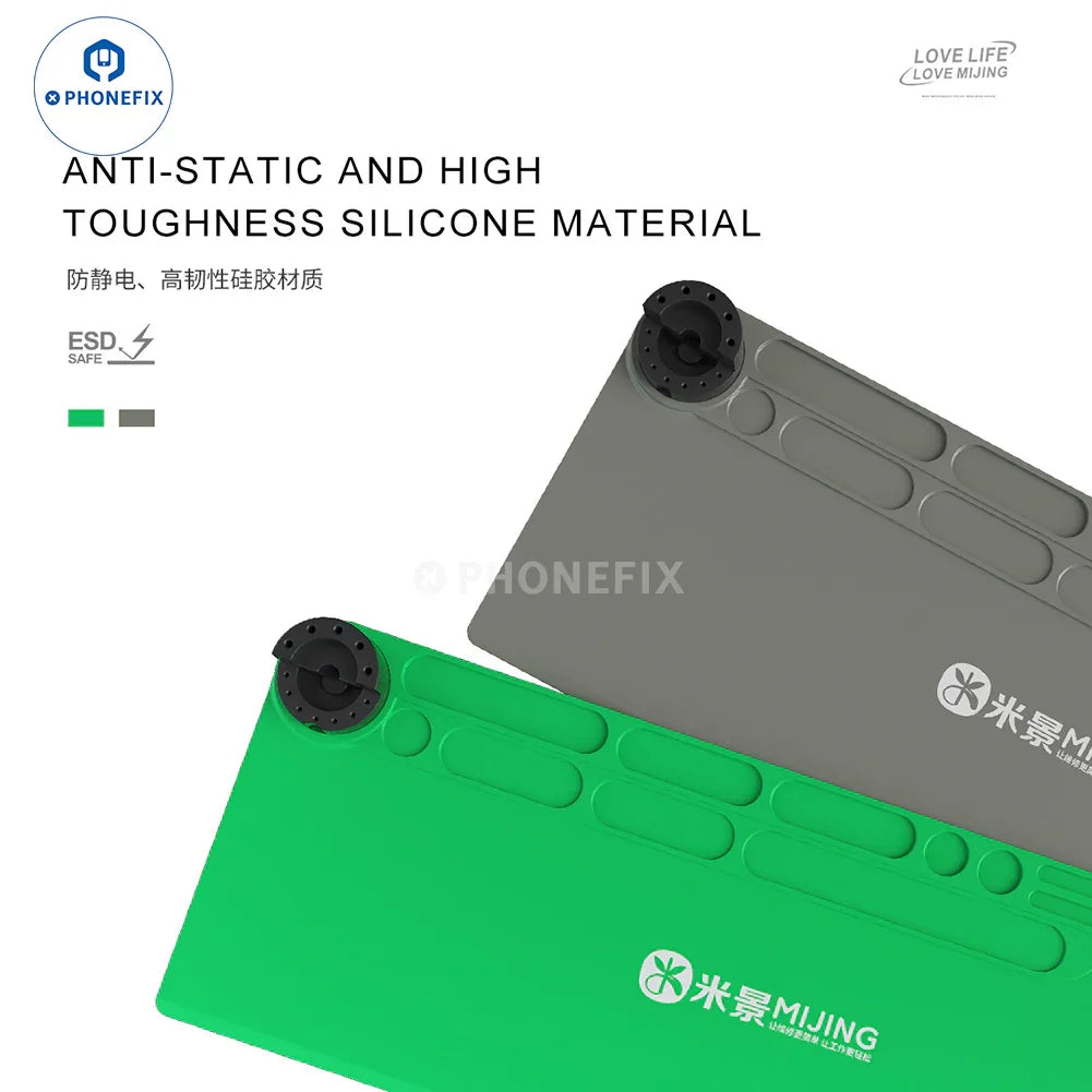 Green PHONEFIX Mijing FM-11/FM-12 silicone pad with phone screwdriver holder for secure, organized phone repair tools.