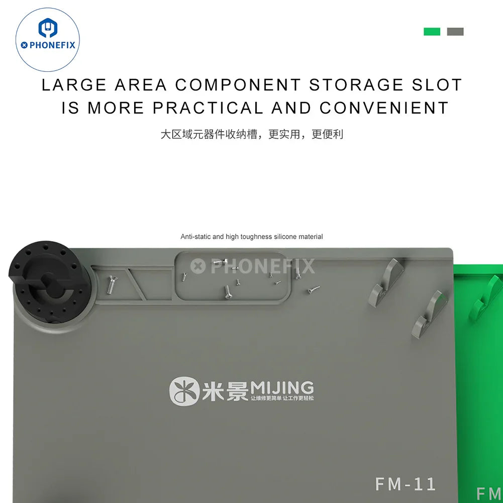 Green PHONEFIX Mijing FM-11/FM-12 silicone pad with phone screwdriver holder, anti-slip surface for phone repair tools.