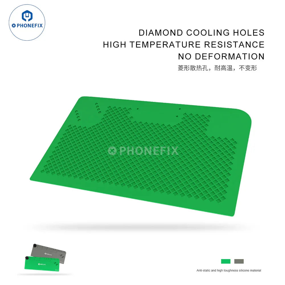 Green PHONEFIX Mijing FM-11/FM-12 silicone pad with phone screwdriver holder, ideal for phone repair tools and workstations.