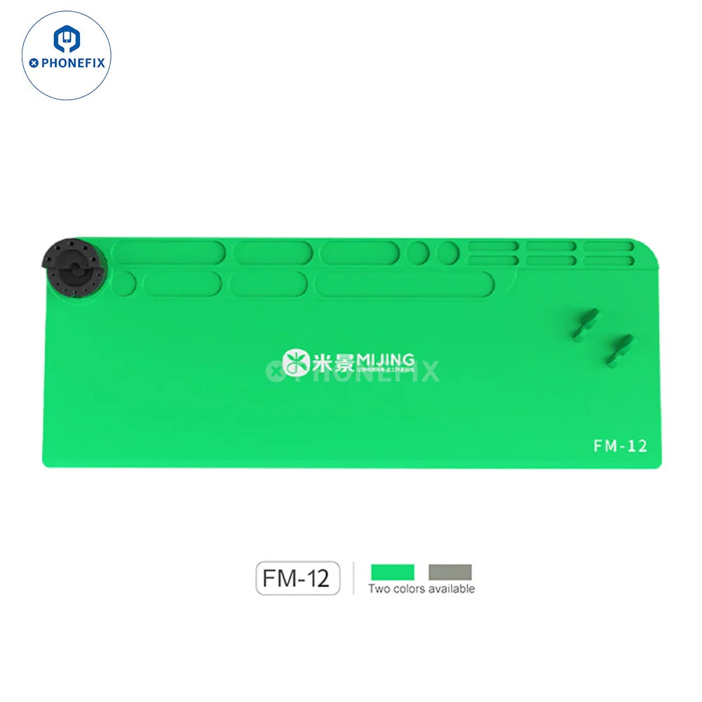 Green PHONEFIX Mijing FM-11 silicone pad with phone screwdriver holder, designed for phone repair and tool organization.