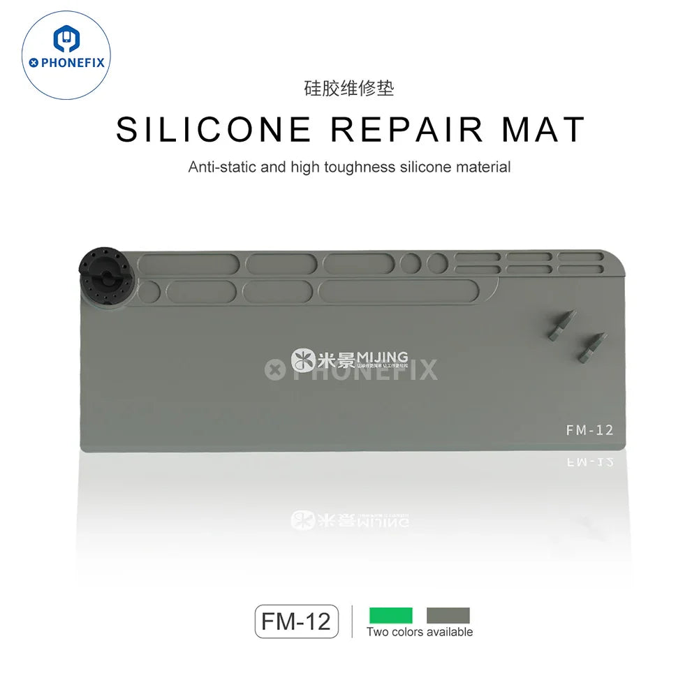 Green PHONEFIX Mijing FM-11 FM-12 Silicone Pad with phone screwdriver holder, anti-slip pad for phone repair tools.