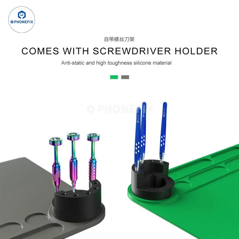Green PHONEFIX Mijing FM-11 FM-12 silicone pad with phone screwdriver holder, anti-slip design for phone repair tools.