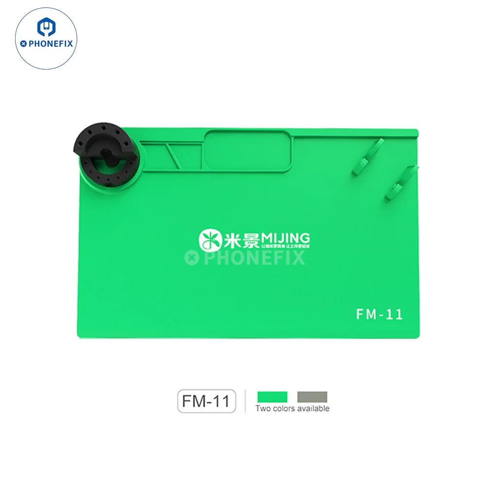 Green PHONEFIX Mijing FM-11 FM-12 silicone pad with phone screwdriver holder, used for phone repair and maintenance.