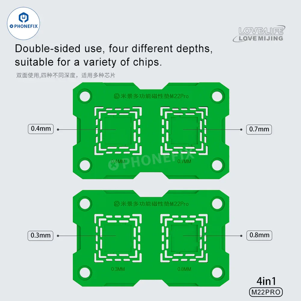 Green Mijing M22 Pro double-sided magnetic silicone pad for chip soldering, made by PHONEFIX, with a flexible, heat-resistant surface.